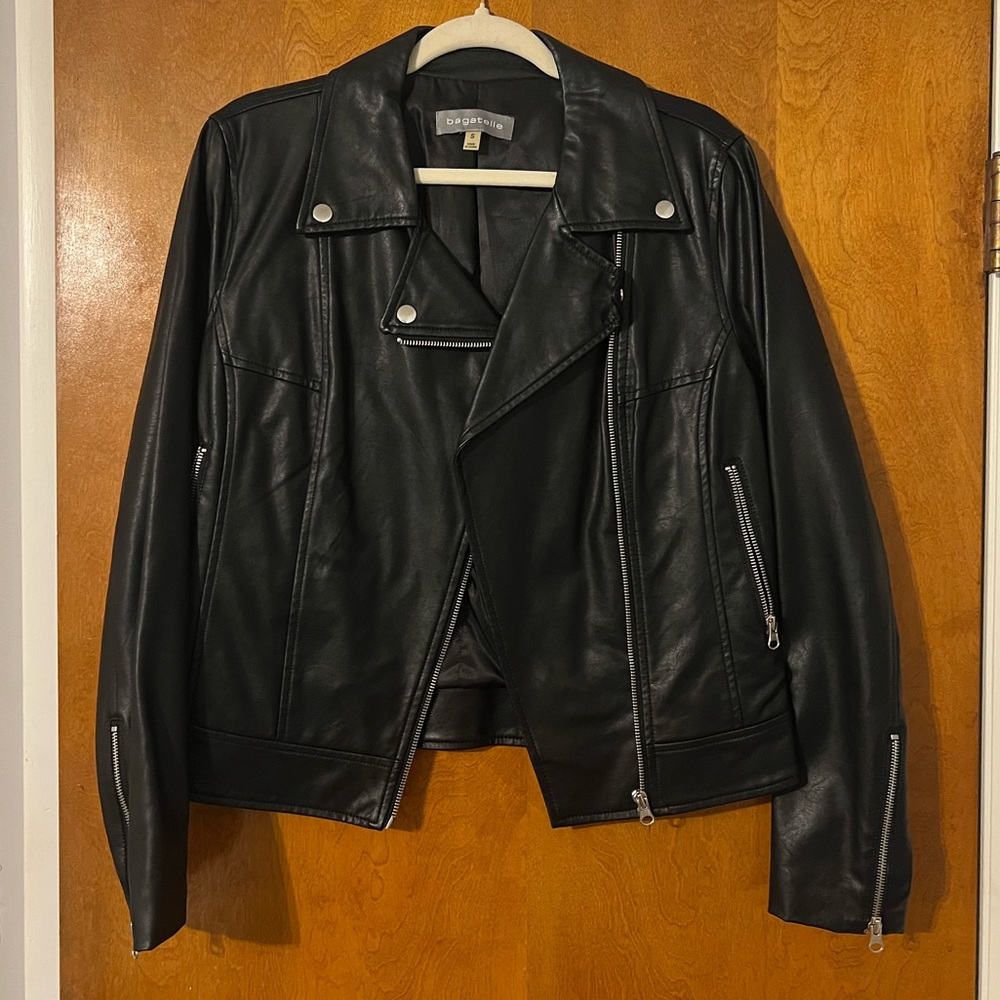 Bagatelle Black Faux Leather Motorcycle Jacket, Small